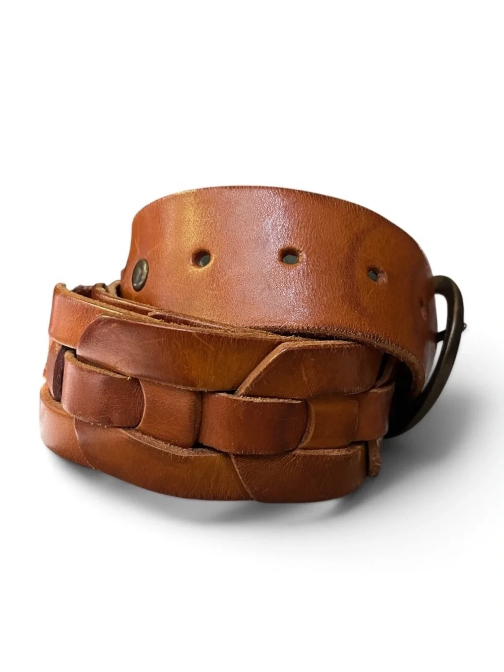 Linea Pelle Brown Woven Leather Belt w/Solid Brass Buckle, sz Large